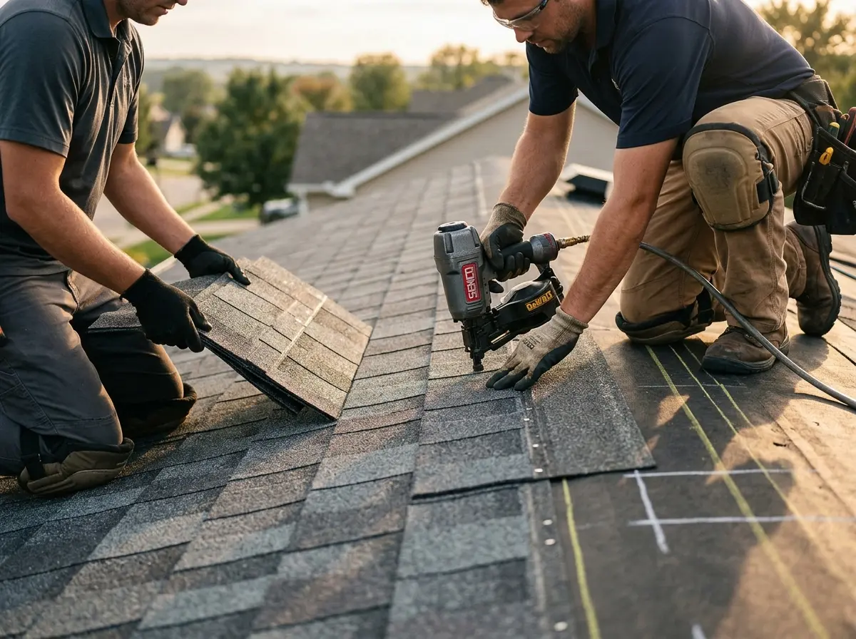 Professional roofer working on a residential roof in North Laurel